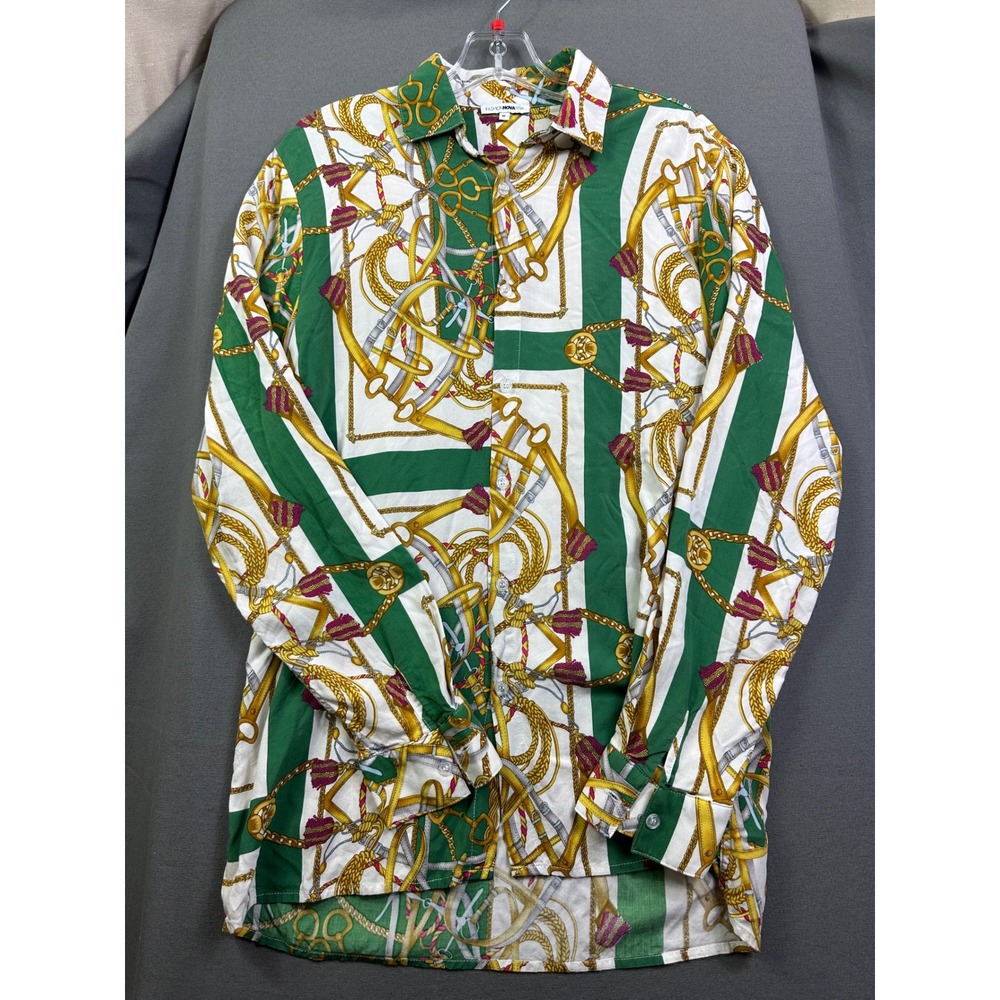 Fashion Nova Men MKS0102 Green White Stripe Chain Print Button Down Shirt M